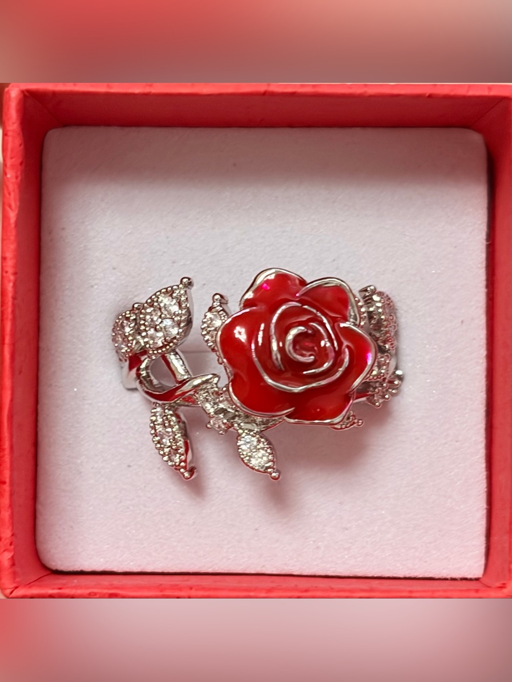 Silver Red Rose Statement Ring - Elegant Floral Women's Jewelry